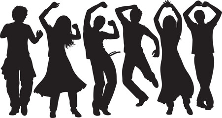 Silhouettes of people dancing in various joyful poses together