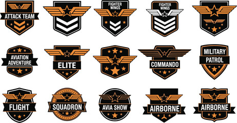 Vector illustration set of military aviation badges featuring winged stars and elite airborne commando squadron patches। © MSTRazia