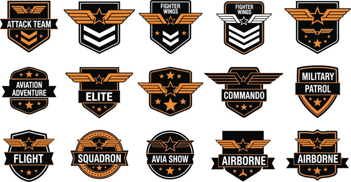 Vector illustration set of military aviation badges featuring winged stars and elite airborne commando squadron patches।