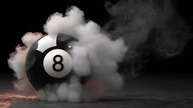 A close-up shot of a glossy black 8-ball emerges from smoke, resting on a textured surface
