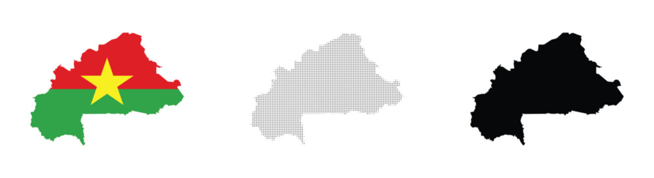 burkina faso map with national flag halftone dotted pattern and solid black vector set