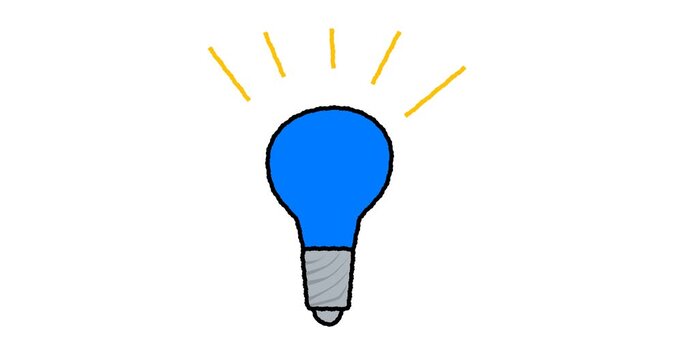 Hand drawn animated light bulb glowing blue with yellow rays. Idea, innovation, inspiration and creativity business concept doodle sketch. 4K loop, white background.