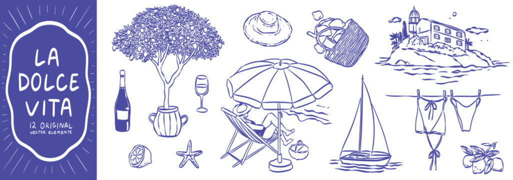 Italian summer vacation doodle style illustration set. Vector ink hand drawn Italy coast sea or beach print elements. Coastal weekend rest collection for invitations to beach party, picnic, wedding.