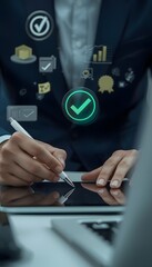 Close-up of a professional in a suit using a tablet and stylus. Glowing holographic checkmarks, checklists, and a quality badge overlay symbolize quality assurance, compliance, and process monitoring.
