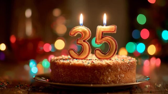 35th Birthday Cake with Lit Candles