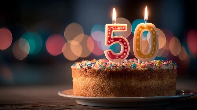 50th Birthday Cake with Lit Candles
