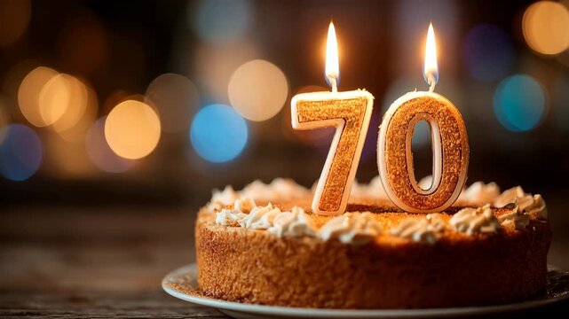 70th Birthday Cake with Lit Candles