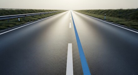 Endless asphalt highway stretching towards the horizon under a bright hazy sky symbolizing journey and future possibilities