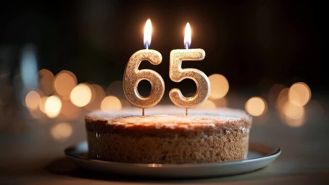 65th Birthday Cake with Lit Candles
