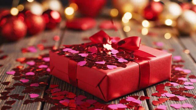 Red gift box with ribbon bow on wooden table. Heart confetti falling. Christmas background bokeh lights. Valentine's Day celebration concept close-up.