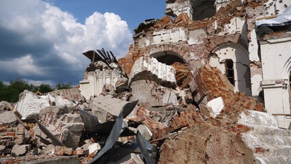 View to destroyed church at Kharkivska oblast. Ruined building after bomb attacks on ukrainian territory from russia army. Consequences of russian invasion of Ukraine. Slow motion
