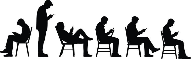 Silhouettes of men sitting and standing in a row using smartphones, illustrating social media addiction, digital isolation, and modern technology dependence concept.
