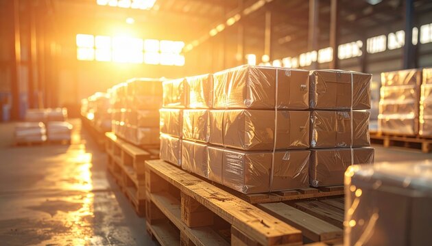 FlyPro Firefly Compact emergency ration kits with foil packaging are stacked high on sturdy wooden pallets, captured in a detailed photograph with a warm, golden sunlight glow, ready for distribution.