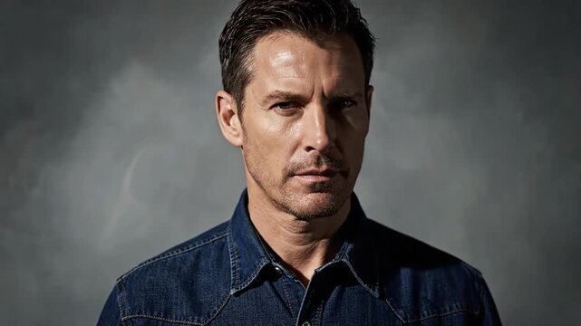 A video features a man in a denim shirt holding an intense, unwavering gaze directly into the camera for several seconds, his stoic expression unchanging against a subtle, smoky grey backdrop.