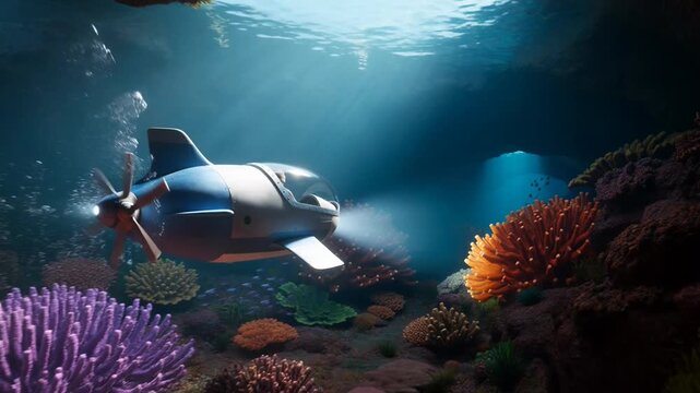 Underwater Exploration Submarine Navigating Coral Reefs for Ocean Research