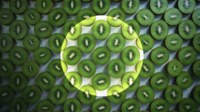 Sliced kiwi fruit pattern background with slow rotating highlight and subtle inter-slice shadow shifts