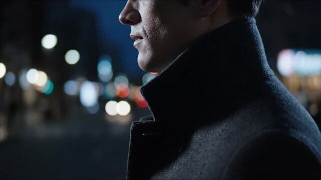 A man's profile in a dark coat gazes into the urban night, illuminated by soft bokeh city lights. He appears calm, observant, perhaps lost in thought, a reflective moment captured.