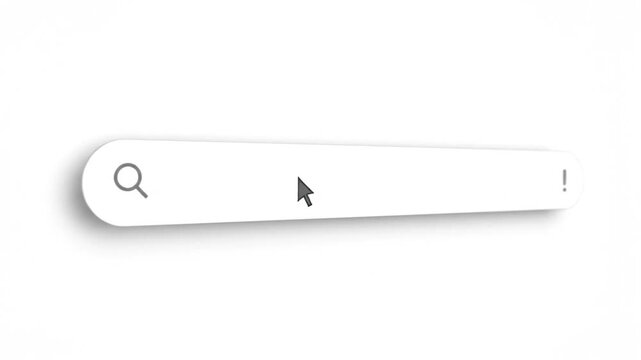 A cursor moves across a clean white search bar, highlighting a search icon before entering the input field. This illustrates user interaction with a modern UI element, demonstrating navigation and se