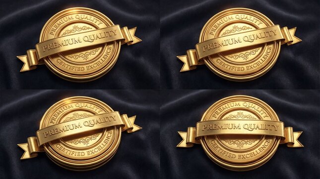 Luxury gold premium quality certified excellence badges on black background