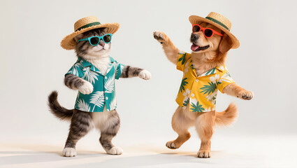 Funny cat and dog in tropical shirts and sunglasses dancing on white background in playful summer fashion concept