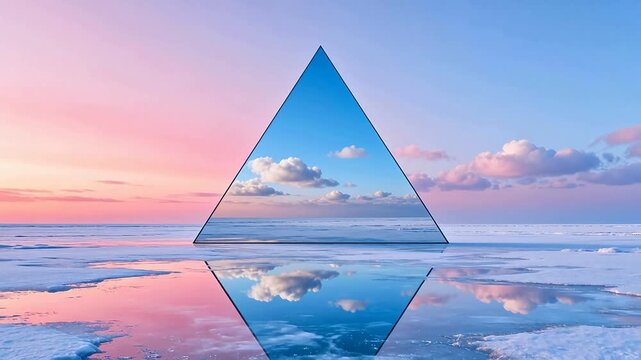 Frozen landscape with triangular sky reflection