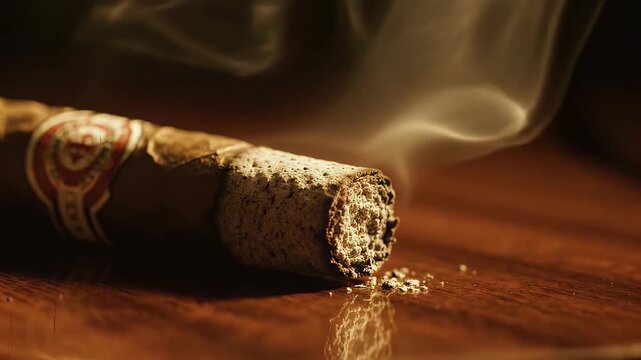 Close Up of a Smoldering Cigar with Delicate Smoke Wisps Rising Against a Warmly Lit Wooden Surface, Evoking a Sense of Relaxation and Sophistication