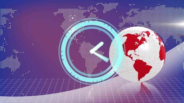 Animation of clock and scope scanning over digital brain and globe