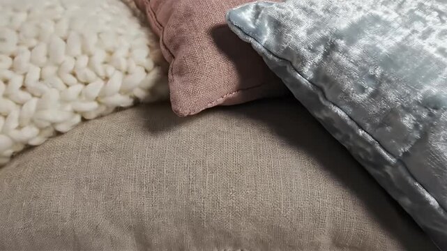 Cozy Assortment Of Four Decorative Throw Pillows In Various Textures And Pastel Colors Arranged On A Textured Rug Creating A Warm Inviting Atmosphere