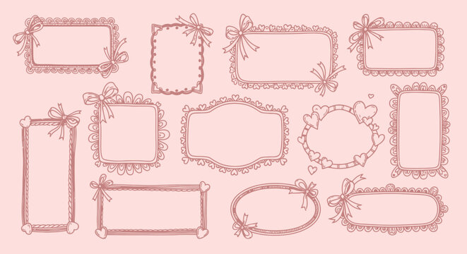 Set of elegant red ornate frames with floral decorations and ribbons on pink background.