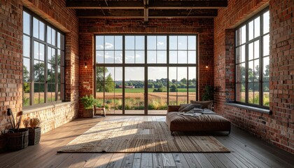 Fototapeta premium Renovated industrial farmhouse loft interior with large windows overlooking picturesque countryside views