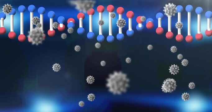 Animation of dna strand spinning over people dancing and music graphic equalizer