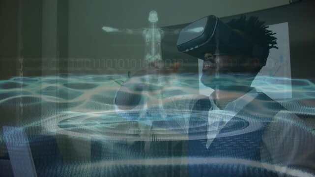 Animation of human brain and medical data processing over businesswoman wearing vr headset