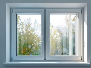 明るい日差しが差し込む清潔感のある白いサッシの窓と窓辺から見える新緑の木々の風景