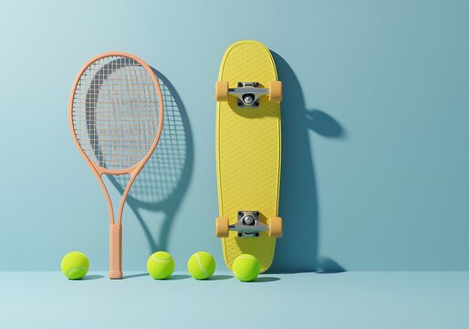 Tennis racket and yellow skateboard with tennis balls on blue background for sports and leisure activities  combining tennis and skateboarding culture