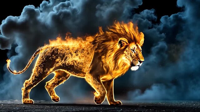 Fiery Lion Walking Through Flames in Dark Scene