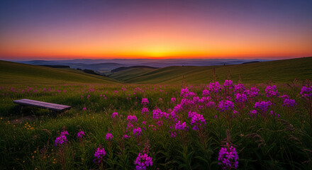 Vibrant purple flower field with rustic wooden bench under colorful sunset sky over rolling green hills, representing tranquility and natural beauty
