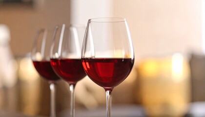 "Four wine glasses with warm festive ambiance."