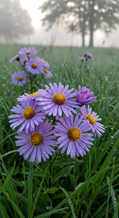 Fototapeta premium Close-up of purple aster flower with water droplet on petal, set in grass field. Represents freshness, natural beauty and calmness of nature