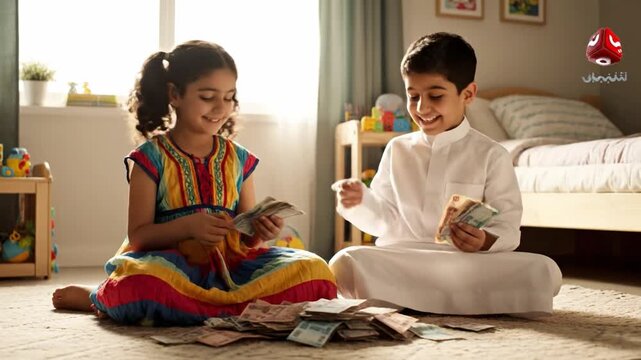 Children Sorting Currency Notes on Floor.