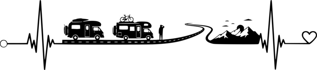 Van life heartbeat illustration, camper travel lifestyle, road trip love concept, motorhome adventure design, digital nomad freedom graphic art
