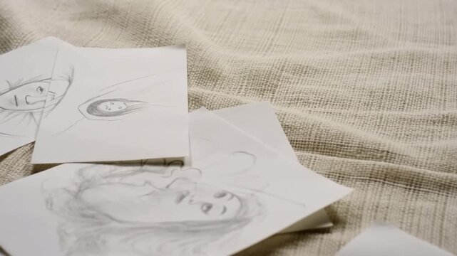 Detailed Pencil Portrait Studies Of Caucasian Woman Across Coarse Linen Fabric With Soft Lighting