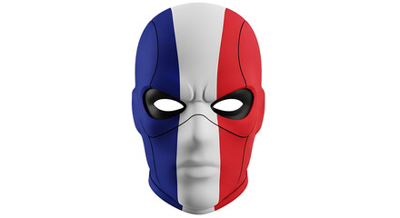 A French flag painted mask covering a person's face with a mysterious and intriguing appearance.