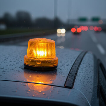 Primer plano de una baliza V16 encima del techo de un coche parado en una carretera espa&ntilde;ola en un d&iacute;a de lluvia esperando la asistencia en carretera