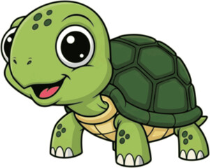 Fototapeta premium Cute cartoon green turtle with large eyes and a smiling expression on a white background 