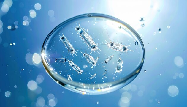 Swarm of transparent protozoa microorganisms suspended within a liquid droplet under microscopic examination