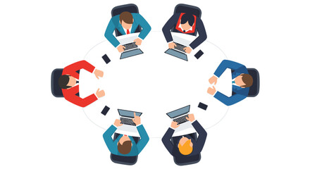 Fototapeta premium Business Meeting Concept – Top-Down Flat Vector of Four Professionals Around Conference Table, Bold Colors