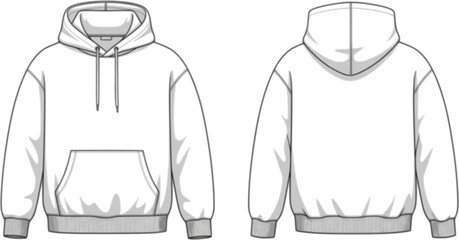 White Hoodie with Front Pocket and Drawstring Hood Displayed from Front and Back Views clothing front view

