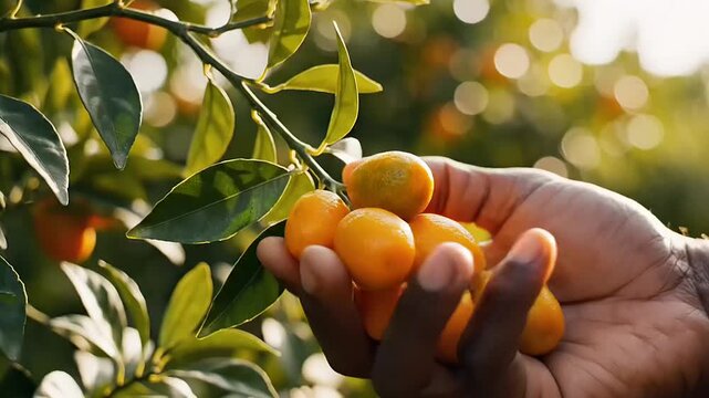 A close-up of a hand gently picking a cluster of ripe kumquats from a citrus tree branch bathed in soft sunlight