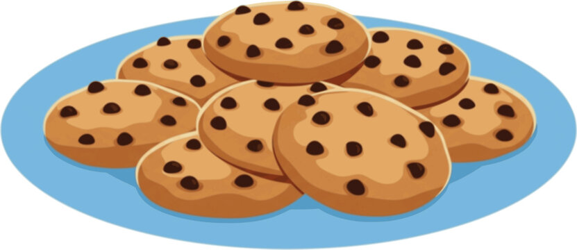 A plate of round chocolate chip cookies with brown and beige colors on a light blue plate chocolate chips
