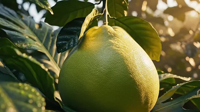 A single large pomelo fruit hanging from a tree branch amidst lush green leaves bathed in warm sunlight.